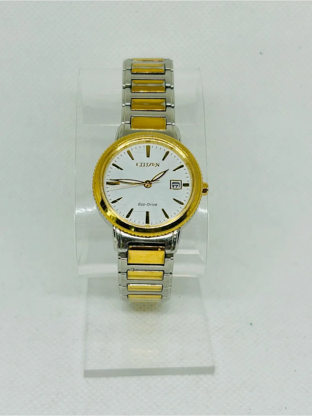 Citizen Eco-Drive Two Tone Gold Silver White Dial Date Women’s Watch Running